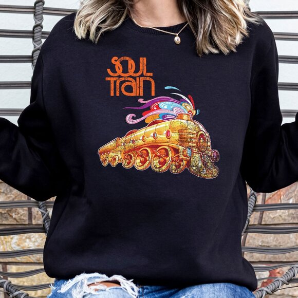 Gildan Tops - Retro Soul Train logo distressed black sweatshirt